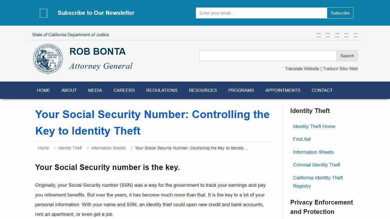 Your Social Security Number: Controlling the Key to Identity Theft | State of California - Department of Justice - Office of the Attorney General